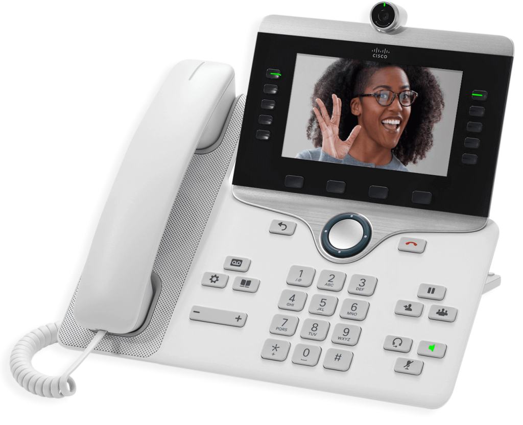 Cisco office phone with a video screen displaying the Webex calling feature
