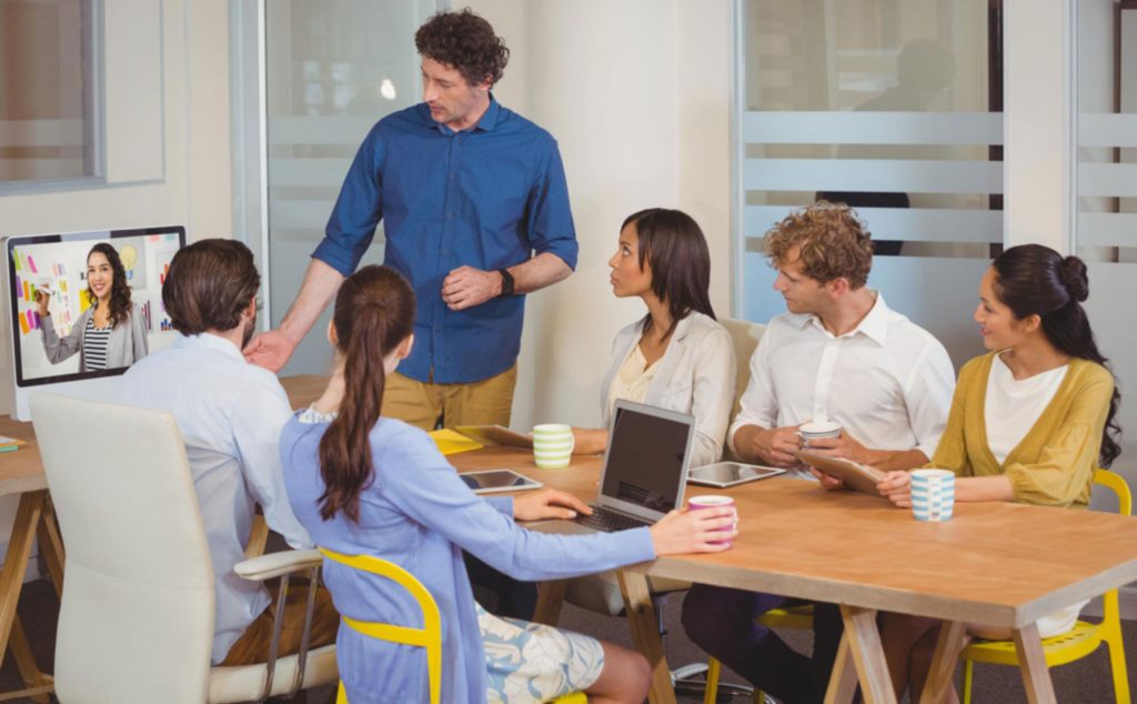 Team of office workers on a video conference call